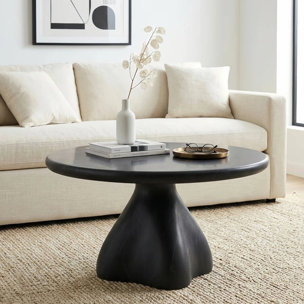 English Elm Round Faux Travertine Coffee Table Sculptural Pedestal Base Wabi Sabi Living Room Accent Black CH494238AAB