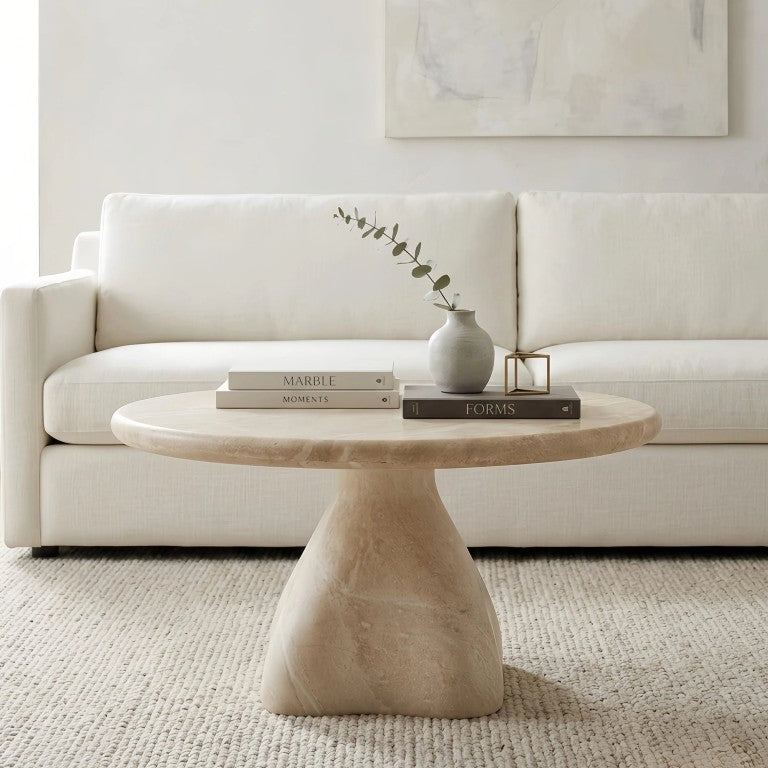 English Elm Round Faux Travertine Coffee Table Sculptural Pedestal Base Wabi Sabi Living Room Accent Beige CH494238AAK
