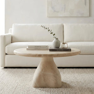 English Elm Round Faux Travertine Coffee Table Sculptural Pedestal Base Wabi Sabi Living Room Accent Beige CH494238AAK