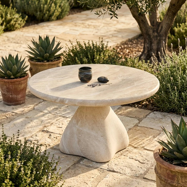 English Elm Round Faux Travertine Coffee Table Sculptural Pedestal Base Wabi Sabi Living Room Accent Beige CH494238AAK