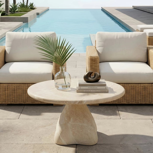 English Elm Round Faux Travertine Coffee Table Sculptural Pedestal Base Wabi Sabi Living Room Accent Beige CH494238AAK
