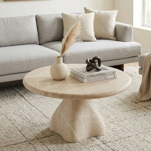 English Elm Round Faux Travertine Coffee Table Sculptural Pedestal Base Wabi Sabi Living Room Accent Beige CH494238AAK