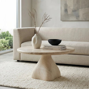 English Elm Round Faux Travertine Coffee Table Sculptural Pedestal Base Wabi Sabi Living Room Accent Beige CH494238AAK