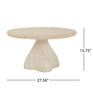 English Elm Round Faux Travertine Coffee Table Sculptural Pedestal Base Wabi Sabi Living Room Accent Beige CH494238AAK