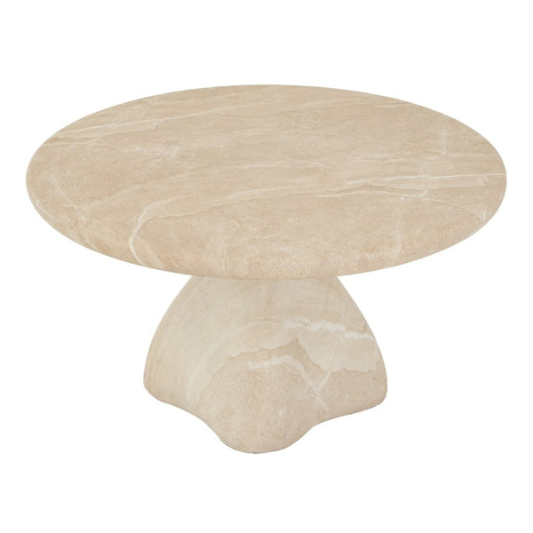 English Elm Round Faux Travertine Coffee Table Sculptural Pedestal Base Wabi Sabi Living Room Accent Beige CH494238AAK