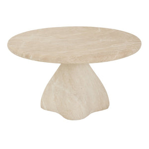 English Elm Round Faux Travertine Coffee Table Sculptural Pedestal Base Wabi Sabi Living Room Accent Beige CH494238AAK