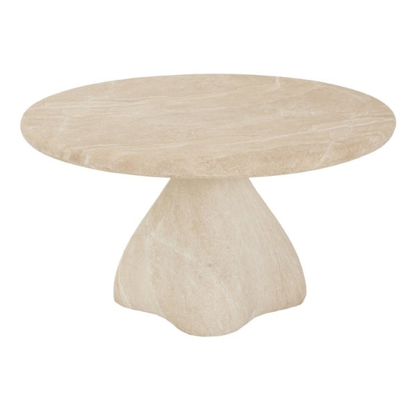 English Elm Round Faux Travertine Coffee Table Sculptural Pedestal Base Wabi Sabi Living Room Accent Beige CH494238AAK