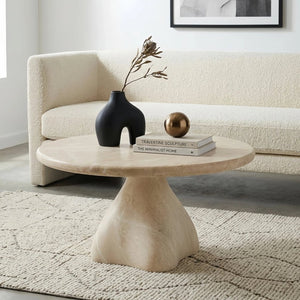 English Elm Round Faux Travertine Coffee Table Sculptural Pedestal Base Wabi Sabi Living Room Accent Beige CH494238AAK