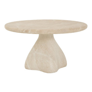 English Elm Round Faux Travertine Coffee Table Sculptural Pedestal Base Wabi Sabi Living Room Accent Beige CH494238AAK