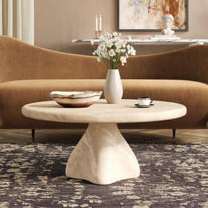 English Elm Round Faux Travertine Coffee Table Sculptural Pedestal Base Wabi Sabi Living Room Accent Beige CH494238AAK