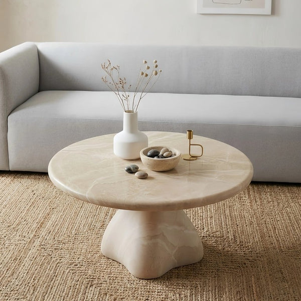 English Elm Round Faux Travertine Coffee Table Sculptural Pedestal Base Wabi Sabi Living Room Accent Beige CH494238AAK