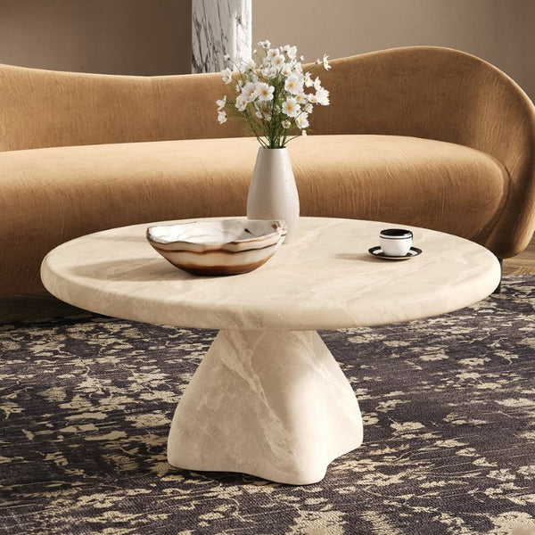 English Elm Round Faux Travertine Coffee Table Sculptural Pedestal Base Wabi Sabi Living Room Accent Beige CH494238AAK