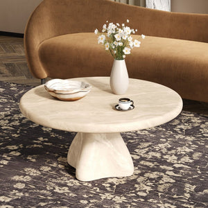 English Elm Round Faux Travertine Coffee Table Sculptural Pedestal Base Wabi Sabi Living Room Accent Beige CH494238AAK