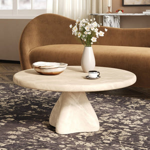 English Elm Round Faux Travertine Coffee Table Sculptural Pedestal Base Wabi Sabi Living Room Accent Beige CH494238AAK