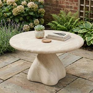 English Elm Round Faux Travertine Coffee Table Sculptural Pedestal Base Wabi Sabi Living Room Accent Beige CH494238AAK