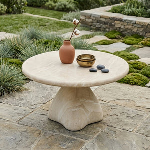 English Elm Round Faux Travertine Coffee Table Sculptural Pedestal Base Wabi Sabi Living Room Accent Beige CH494238AAK