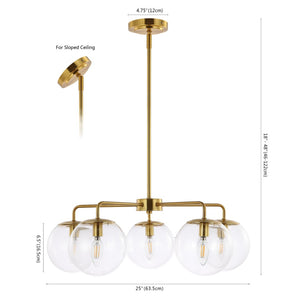 Safavieh NEGARA, 5-Light Brass-Clear Chandelier, Adjustable 25” Pendant, Glamorous Home Illumination Fixture CHA4023A