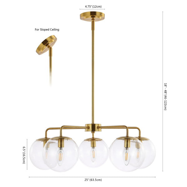 Safavieh NEGARA, 5-Light Brass-Clear Chandelier, Adjustable 25” Pendant, Glamorous Home Illumination Fixture CHA4023A
