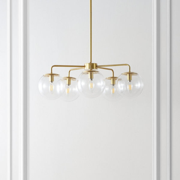 Safavieh NEGARA, 5-Light Brass-Clear Chandelier, Adjustable 25” Pendant, Glamorous Home Illumination Fixture CHA4023A