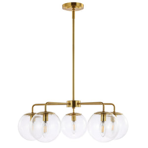 Safavieh NEGARA, 5-Light Brass-Clear Chandelier, Adjustable 25” Pendant, Glamorous Home Illumination Fixture CHA4023A
