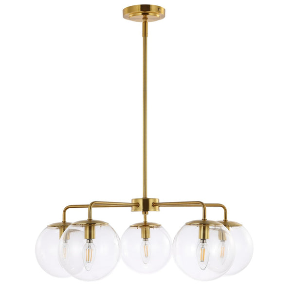 Safavieh NEGARA, 5-Light Brass-Clear Chandelier, Adjustable 25” Pendant, Glamorous Home Illumination Fixture CHA4023A