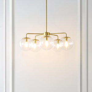 Safavieh NEGARA, 5-Light Brass-Clear Chandelier, Adjustable 25” Pendant, Glamorous Home Illumination Fixture CHA4023A