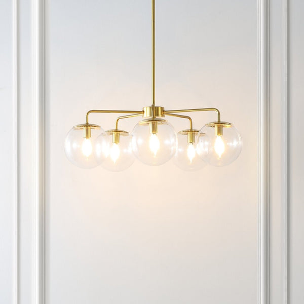 Safavieh NEGARA, 5-Light Brass-Clear Chandelier, Adjustable 25” Pendant, Glamorous Home Illumination Fixture CHA4023A