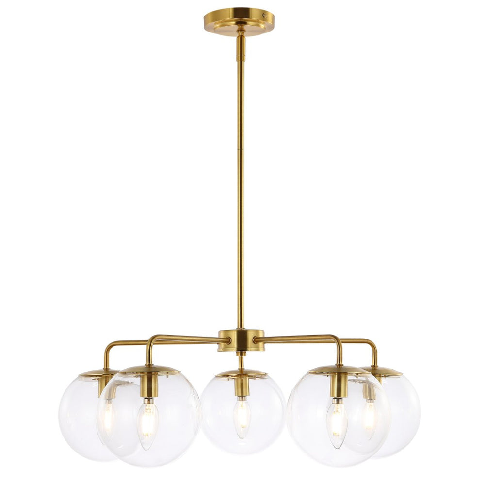 Safavieh NEGARA, 5-Light Brass-Clear Chandelier, Adjustable 25” Pendant, Glamorous Home Illumination Fixture CHA4023A