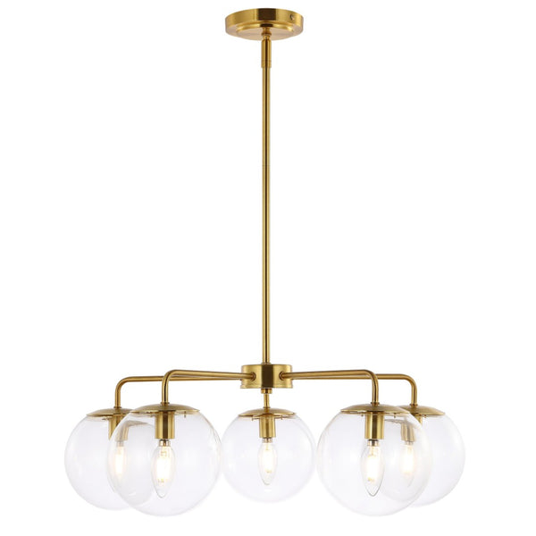 Safavieh NEGARA, 5-Light Brass-Clear Chandelier, Adjustable 25” Pendant, Glamorous Home Illumination Fixture CHA4023A