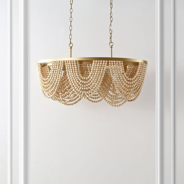 Safavieh ALLURI, Elegant 4-Light Chandelier, Gold & Natural Beads, Extendable for Dining & Living Spaces CHA4034A