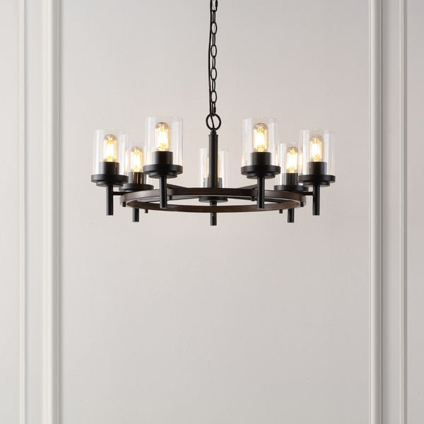 Safavieh Vancouver, 7 Light, 27 Inch, Light Grey Oak/Black, Iron Chandelier Black / Brown CHA4050A