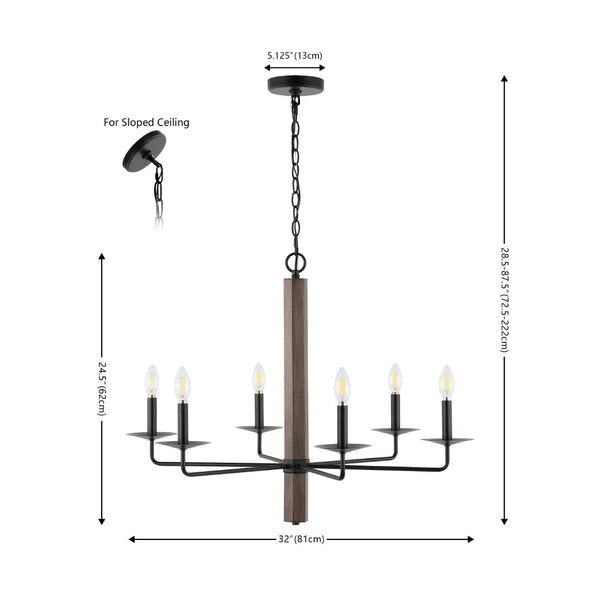 Safavieh PENBROOK, 6-Light Adjustable Chandelier - Modern Black and Walnut Iron Fixture for Any Space CHA4060A