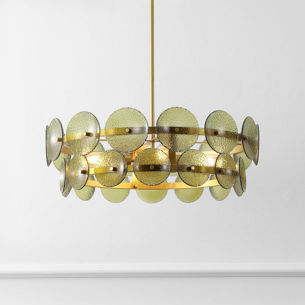 Safavieh Martini, 4-light 24-inch Green & Brass Glass/Metal Chandelier - Elegant Lighting Statement Piece Green ,Brass Metal + Glass Body Cha4064a