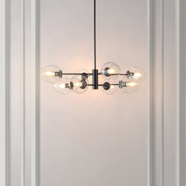 Safavieh PYTHEA, 8-Light Black Iron & Glass Chandelier – Modern Elegance for Dining & Living Spaces CHA4067A