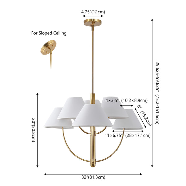 Safavieh Madsen, 6-Light 32" Brass Metal Chandelier With Fabric Shades — Transitional Adjustable Height Elegance CHA4077A