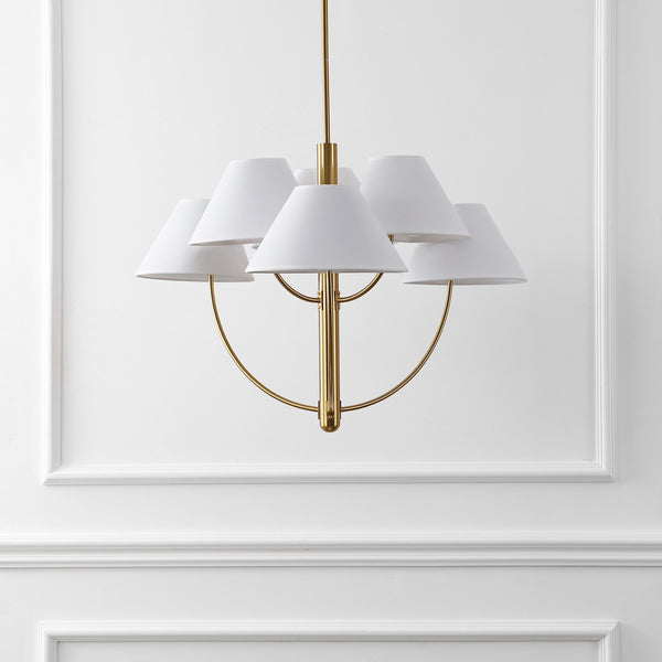 Safavieh Madsen, 6-Light 32" Brass Metal Chandelier With Fabric Shades — Transitional Adjustable Height Elegance CHA4077A