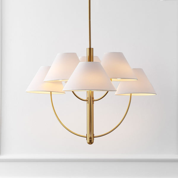 Safavieh Madsen, 6-Light 32" Brass Metal Chandelier With Fabric Shades — Transitional Adjustable Height Elegance CHA4077A