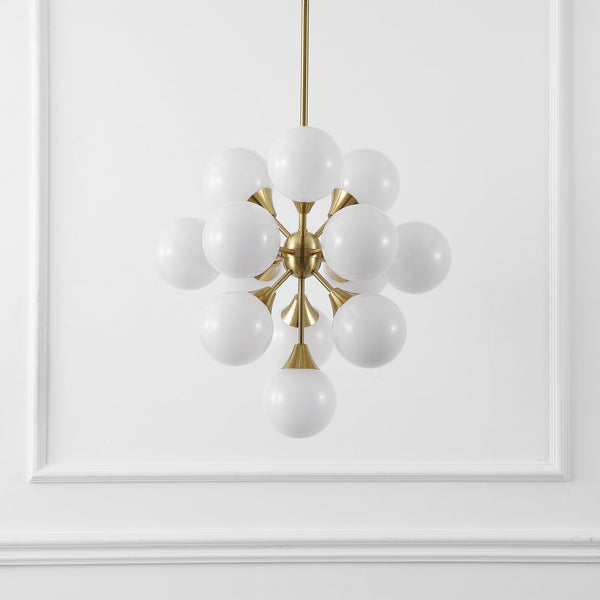 Safavieh Delvine, 24-inch Brass & White Chandelier With 13 Lights - Elegant Metal & Glass Design For Your Home Brass ,White Metal Body ,Glass Shades Cha4080a