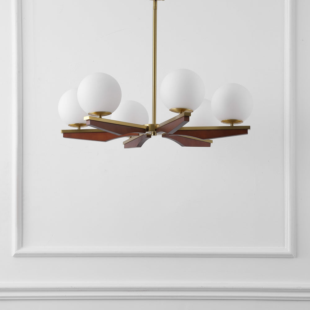 Safavieh Janna, Elegant 6-light 30-inch Brass And Walnut Chandelier - A Stunning Focal Point For Your Home Brass ,Walnut Metal Body ,Glass Shades Cha4081a