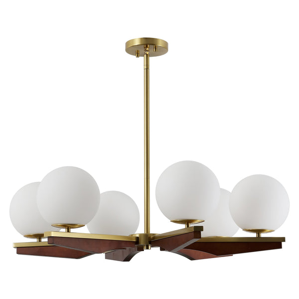 Safavieh Janna, Elegant 6-light 30-inch Brass And Walnut Chandelier - A Stunning Focal Point For Your Home Brass ,Walnut Metal Body ,Glass Shades Cha4081a