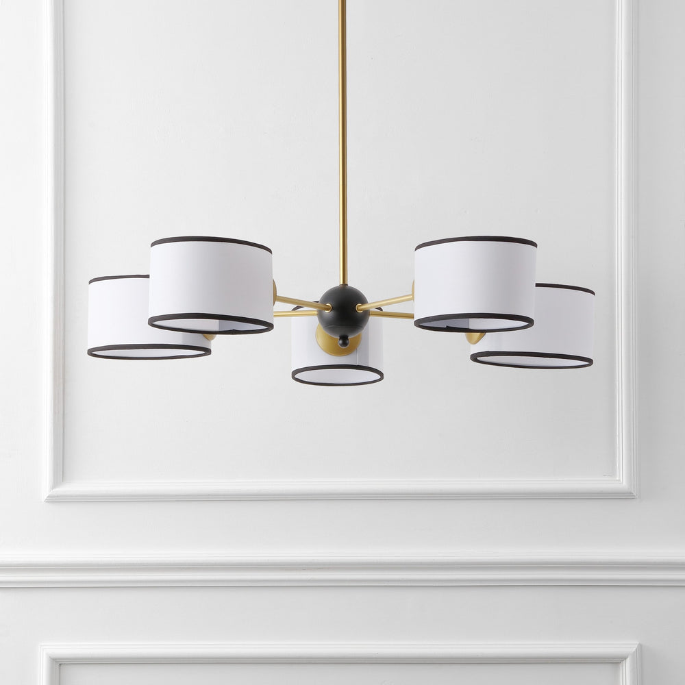 Safavieh Mickie, 32" 5-Light Gold & Black Iron Chandelier With White Fabric Shades — Adjustable Height, Transitional Elegance CHA4083A