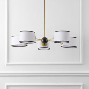 Safavieh Mickie, 32" 5-Light Gold & Black Iron Chandelier With White Fabric Shades — Adjustable Height, Transitional Elegance CHA4083A