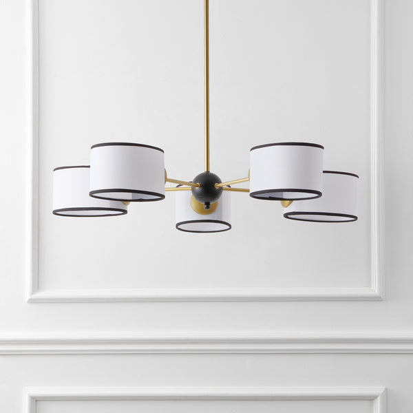 Safavieh Mickie, 32" 5-Light Gold & Black Iron Chandelier With White Fabric Shades — Adjustable Height, Transitional Elegance CHA4083A