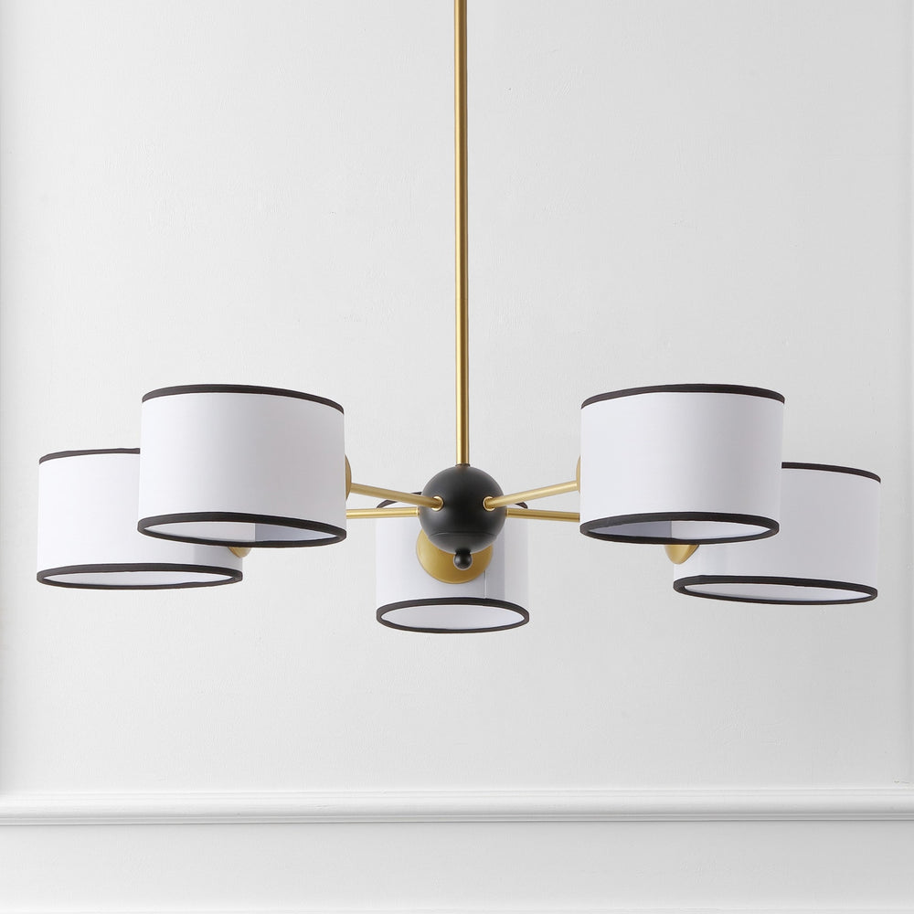 Safavieh Mickie, 32" 5-Light Gold & Black Iron Chandelier With White Fabric Shades — Adjustable Height, Transitional Elegance CHA4083A