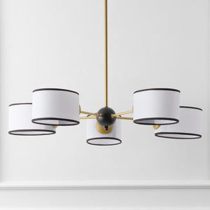 Safavieh Mickie, 32" 5-Light Gold & Black Iron Chandelier With White Fabric Shades — Adjustable Height, Transitional Elegance CHA4083A