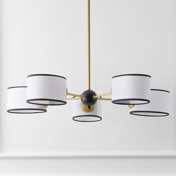 Safavieh Mickie, 32" 5-Light Gold & Black Iron Chandelier With White Fabric Shades — Adjustable Height, Transitional Elegance CHA4083A