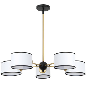 Safavieh Mickie, 32" 5-Light Gold & Black Iron Chandelier With White Fabric Shades — Adjustable Height, Transitional Elegance CHA4083A
