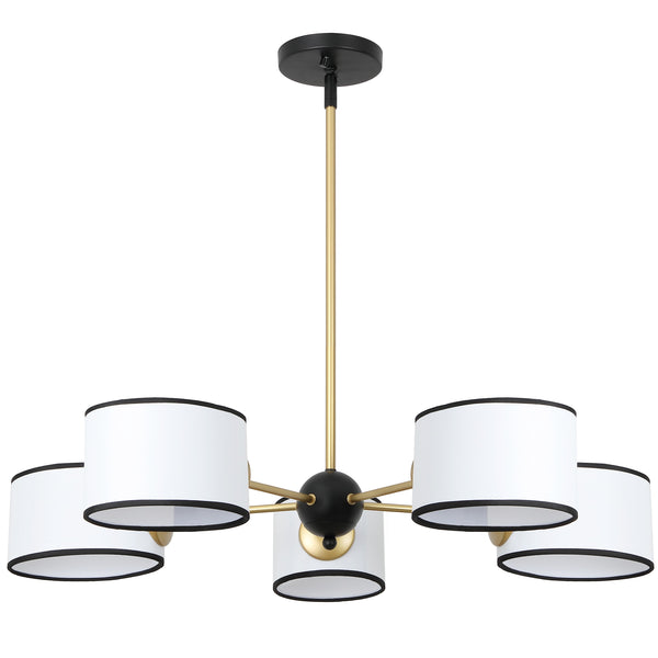 Safavieh Mickie, 32" 5-Light Gold & Black Iron Chandelier With White Fabric Shades — Adjustable Height, Transitional Elegance CHA4083A