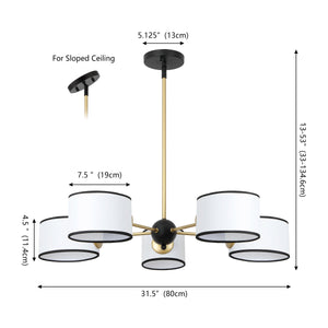 Safavieh Mickie, 32" 5-Light Gold & Black Iron Chandelier With White Fabric Shades — Adjustable Height, Transitional Elegance CHA4083A