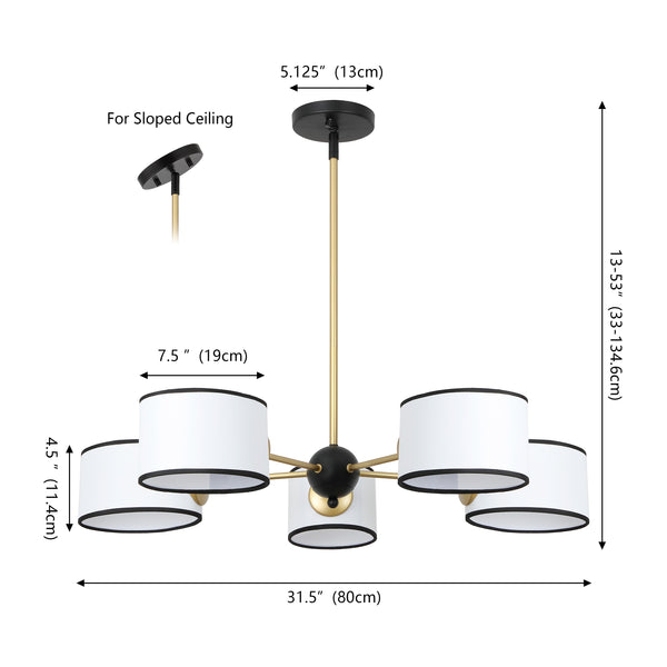 Safavieh Mickie, 32" 5-Light Gold & Black Iron Chandelier With White Fabric Shades — Adjustable Height, Transitional Elegance CHA4083A